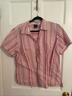 Basic Editions Women’s Short-Sleeve Button-Down Shirt - Pink/Red/White